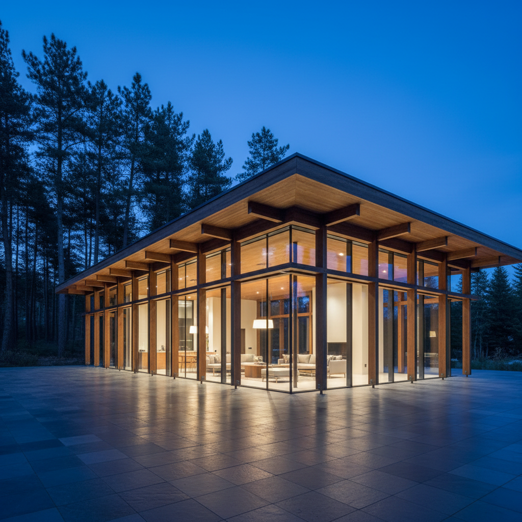 A dramatic photographic-realistic twilight exterior of a contemporary timber-framed residence, where slender, dark-stained posts and beams define a glass-walled living space that glows warmly from within. The timber grid is crisply articulated, showcasing steel knife-plate connections and neatly concealed fixings. The house is set against a backdrop of tall, silhouetted pines and a smooth, reflective slate terrace. Blue hour ambient light bathes the scene while warm interior lighting grazes the timber members, creating a rich contrast that accentuates texture and precision. Captured from a low, wide-angle viewpoint, the composition emphasizes the cantilevered roof and expressive structure. The mood is refined, contemplative, and quietly bold, highlighting how traditional timber principles evolve into modern architectural expression.