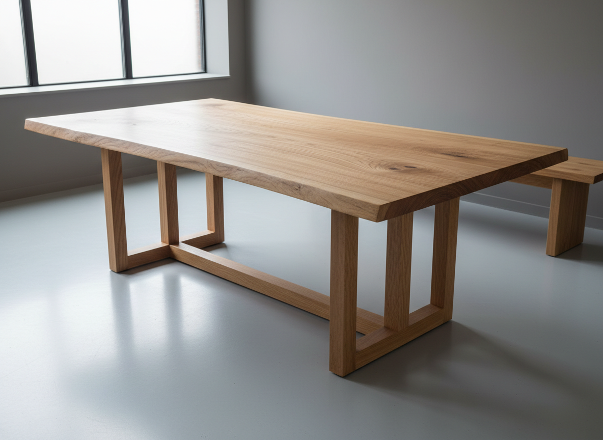 A sophisticated photographic-realistic rendering of a custom timber dining table, crafted from a single slab of European oak with a live edge subtly softened and meticulously sanded. The surface shows complex cathedral grain and a matte hardwax-oiled finish. The table stands on minimalist, interlocking timber trestles that reference classic Japanese joinery, all set in a serene, uncluttered interior with smooth concrete flooring and a muted grey wall. Large north-facing windows provide even, diffused daylight that gently reflects off the tabletop, revealing fine surface detail without glare. Framed using the rule of thirds from a slightly elevated side angle, with just the table and a blurred hint of a timber bench in the background, the scene communicates quiet luxury, craftsmanship, and functional elegance.