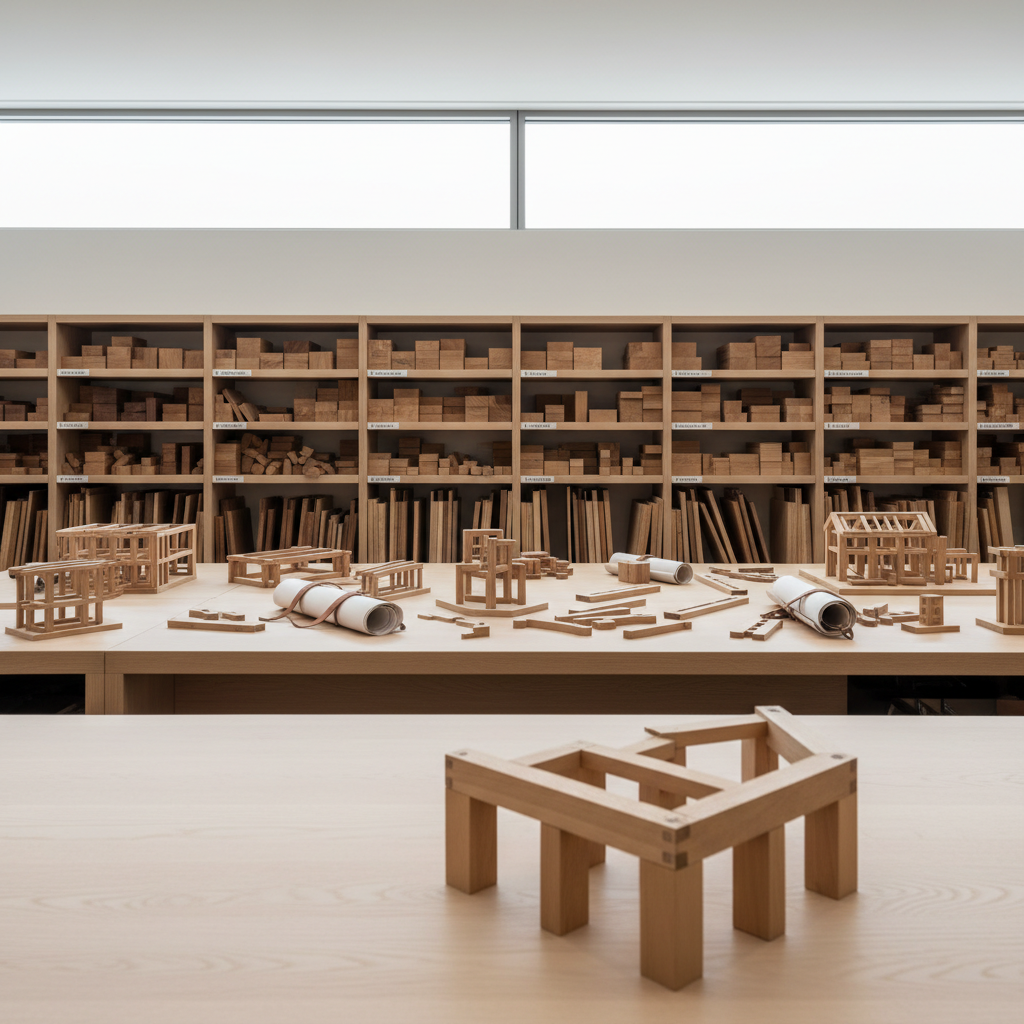 A clean timber design studio interior in photographic realism, with a large, pale oak worktable covered in neatly arranged scale models of timber frames, precision wooden joinery samples, and rolled CAD drawings. Behind the table, floor-to-ceiling shelves display organized stacks of labeled wood samples in varying species and finishes. Soft overcast daylight enters through a high clerestory window, creating diffused, shadowless illumination that enhances the natural tones of the wood. The camera is positioned at eye level, using a shallow depth of field to keep the foreground joinery mock-up in crisp focus while the background shelves gently blur. The mood is quiet, meticulous, and sophisticated, emphasizing the thoughtful design process and material study at the heart of timber architecture.