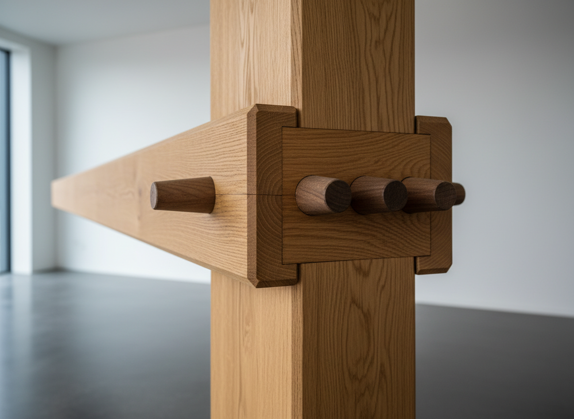 A close-up photographic-realistic study of an exposed timber connection where a massive glulam beam meets a solid oak column through a perfectly cut housed mortise and tenon joint, secured with tapered hardwood pegs. Fine saw marks and subtle chamfers catch the light, revealing the workmanship. The connection is set within a minimalist interior of smooth white plaster walls and a charcoal concrete floor. Soft side lighting from a nearby floor-to-ceiling window creates gentle highlights along the wood grain and casts refined shadows that articulate the geometry of the joinery. Shot from a low, tight angle with a macro-like perspective and shallow depth of field, the composition feels intimate, precise, and reverential toward traditional timber construction techniques.